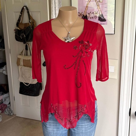 Tops - 00s red floral beaded top (size M)
